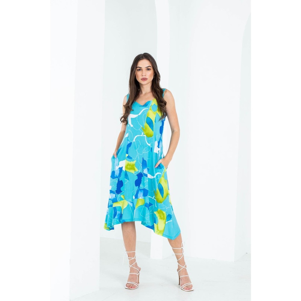 Women's Handkerchief Midi Dress with Pockets Size M Abstract Light Blue NWT